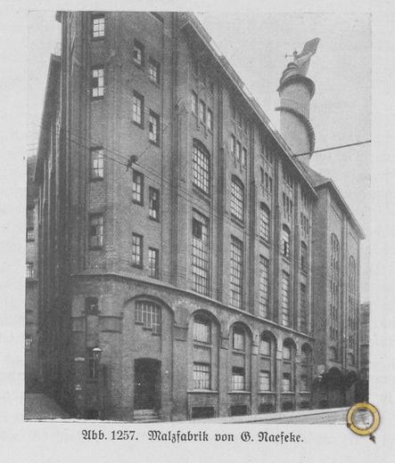 old factory building with a fancy chimney. Text: Malzfabrik