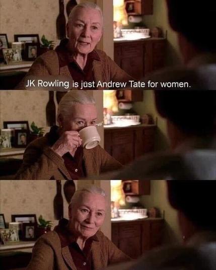 una señora blanca, mayor, dice: "JK Rowling es igual que Andrew Tate pero para mujeres"