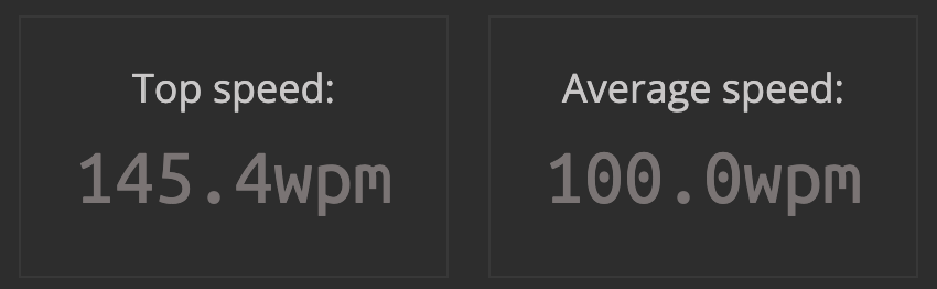 Screenshot from the profile page of keybr.com, a website to train touch typing. It shows two adjacent boxes that contain the top speed at 145.4 words per minute (wpm) and the average speed of 100.0 wpm.