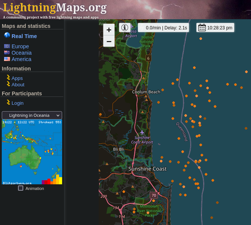 image showing current lightning strikes mapped for the Sunshine Coast in Queensland, Australia.