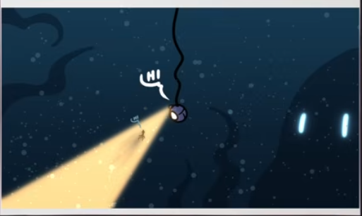 Man-made object shines a light on a small, squidlike creature in the ocean, not noticing the significantly bigger squidlike creature behind hit.
