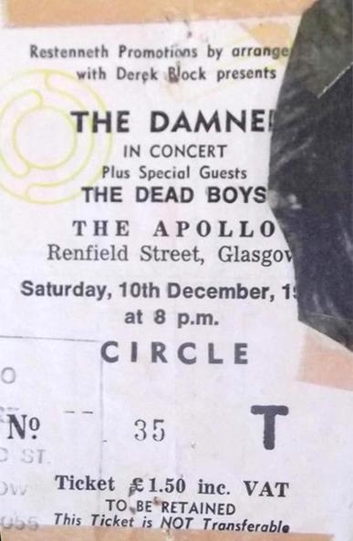 Ticket stub for the Damned at Glasgow Apollo, supported by the Dead Boys, 10 December 1977