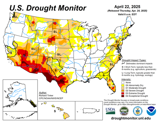 US Drought Monitor showing conditions for 4-24-25.