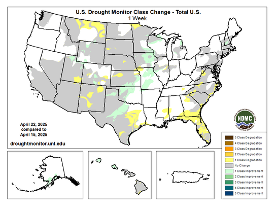 US Drought Monitor class change map comparing conditions from April 22 to April 15.