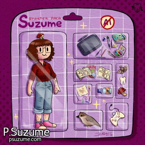 Drawing of me as a doll with elements that I would use: art materials, comics, cross-stitch kit, eye drops, a bird, a game controller, a moth, a teeth and a mushroom.