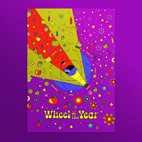 Image of a poster mockup. The poster shows the neopagan wheel of the year from a northern perspective with the 8 sabbats. Starting from Yule at the top, followed by Imbolc, Ostara, Beltane, Litha, Lughnasadh, Mabon, and Samhain. In the middle is an illustration showing multiple circles representing the sun, moon, and earth. Around the wheel are seasonal-themed illustrations like flowers, eggs, snowflakes, and stars. The poster is very colorful with a flower power, counterculture aesthetic in a contemporary neo-brutalist style.