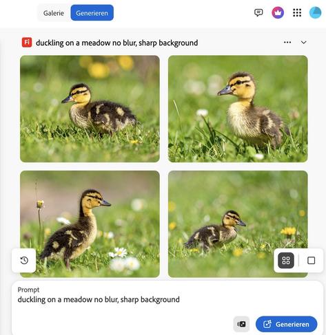 Adobe Firefly interface: Prompt: "duckling on a meadow no blur, sharp background".
All generated photos show a duckling but with a blurred background.