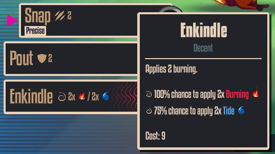 Screenshot of Soulblaze game showing a trick button and a tooltip that have icons and colors to mark status conditions (fire icon and water icon)