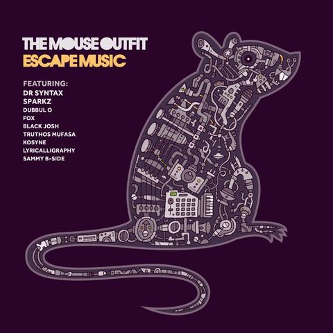 Album cover of The Mouse Outfit – Escape Music showing a stylized mechanical mouse filled with musical equipment like MPCs, cables, drum machines, and synths on a dark purple background.