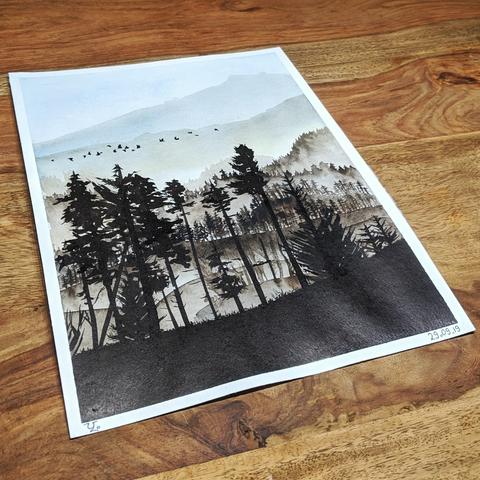 Watercolor painting of hills with forests.
