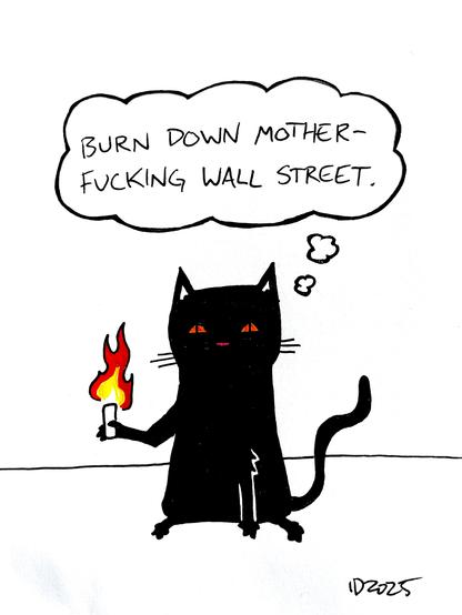 a black cat with pink nose and orange eyes holds a little torch and thinks "burn down motherfucking wall street."
