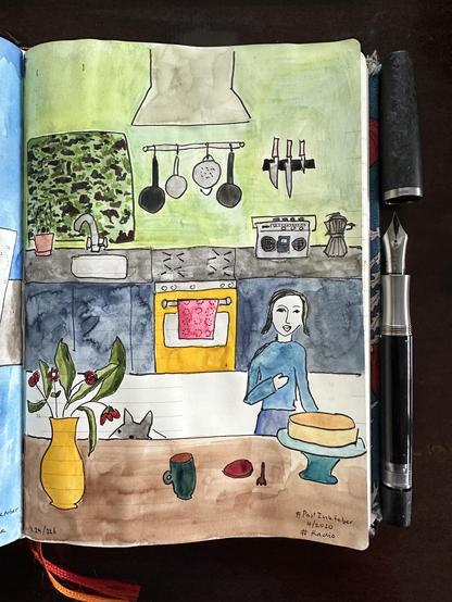 Me in a kitchen looking at a cake. In the background next to the stove is an old fashioned radio/cassette deck.
