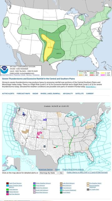Severe Thunderstorms and Excessive Rainfall in the Central and Southern Plains
Strong to severe thunderstorms may produce heavy to excessive rainfall over portions of the Central/Southern Plains and Mississippi Valley today. There is a Slight Risk (Level 2 of 4) for Excessive Rainfall and a Slight Risk (Level 2 of 5) for severe thunderstorms today. Elevated fire weather conditions are possible over parts of western Florida today