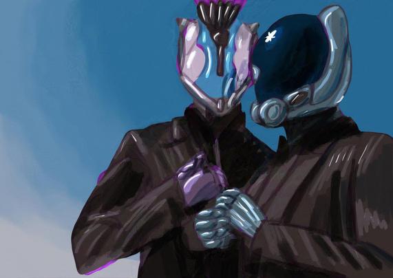 Digital art of the two warframes: Octavia and Mag wearing suits and posing like daft punk in front of a blue sky. Suit