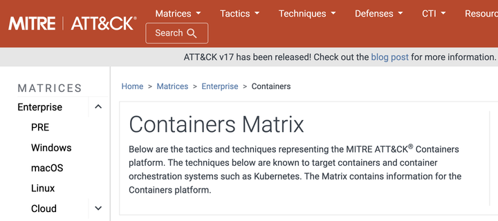 A Screenshot of the MITRE Attack Containers Matrix Web Page