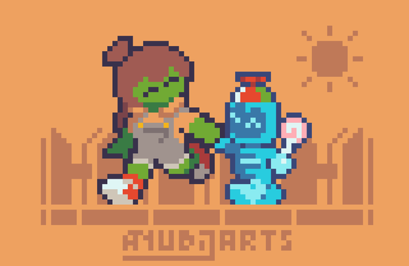 A Pixel Art featuring Adult Anubi and Pixi walking by on the pathway. Anubi is wearing a shirt with short overalls, with red and white shoes rather than her usual clown outfit, while Pixi has a spinny hat and a lollipop. They're holding each other hand, walking happily.