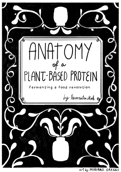 Black and white illustration "Anatomy of a plant-based protein: fermenting a food revolution by Fermentorskab"
