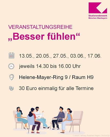 VERANSTALTUNGSREIHE “Besser fühlen", am 13.05., 20.05., 27.05., 03.06., 17.06. jeweils von 14.30 bis 16.00 Uhr, Helene-Mayer-Ring 9 / Raum H9. Kosten: 30 Euro einmalig für alle Termine.