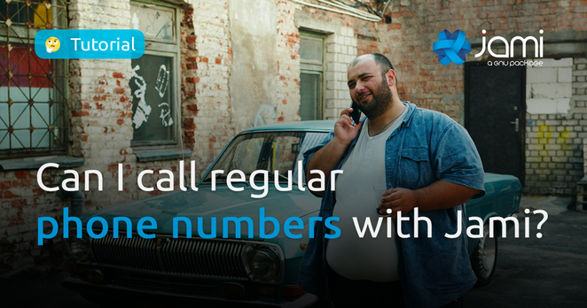 A man standing casually in front of a vintage car, talking on a smartphone with a curious expression. The background features an old brick building with graffiti. Overlaid text reads: 'Can I call regular phone numbers with Jami?' with a 'Tutorial' label and the Jami logo in the top-right corner."