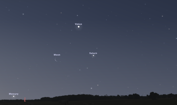 "Smiley Face" planetary alignment of Venus, Saturn and the Moon before sunrise looking East from Westport CT.