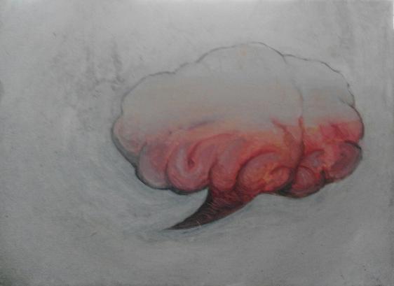 An oil painting illustrating a combined image of a speech bubble and human brain in a white background.