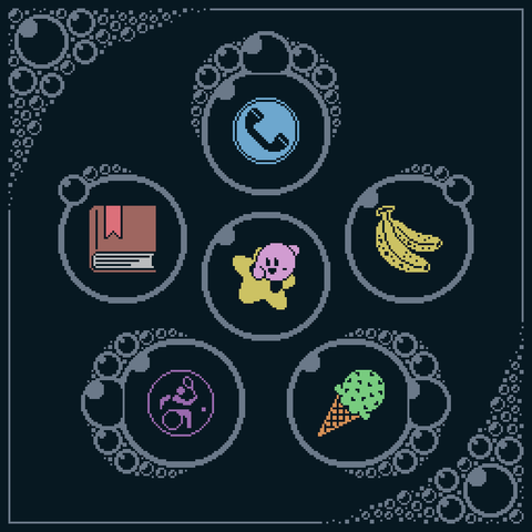 a pixel art illustration of a thick book, a telephone booth symbol, a pair of bananas, Kirby riding a star, the wheelchair tennis symbol from the Tokyo Paralympic games, and a mint chocolate chip ice cream cone.