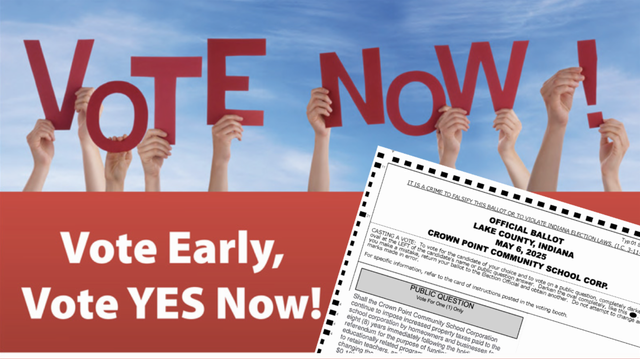 A picture reminding people to vote for a school funding referendum for Crown Point, Indiana schools. It advises that early voting starts April 24. There is a fundraiser at a local restaurant with proceeds going to the school funding campaign. 

The organizers ask people to vote yes for the fishing proposal in light of school funding cuts passed by the state legislature in a recent bill.