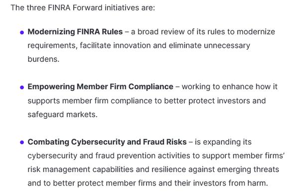 Screenshot of 3 FINRA initiatives discussed by Robert Cook. 
* Modernizing FINRA Rules
* Empowering Member Firm Compliance
* Combating Cybersecurity and Fraud Risks