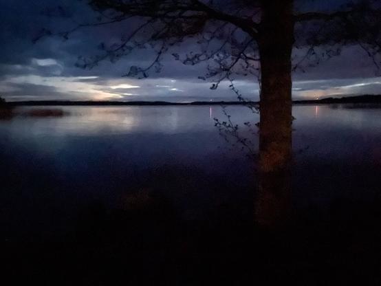 Lake after dusk with the sun beyond the horizon illuminating the clouds in a time exposure. The dark silhouette of a tree can be seen in the foreground to the right.