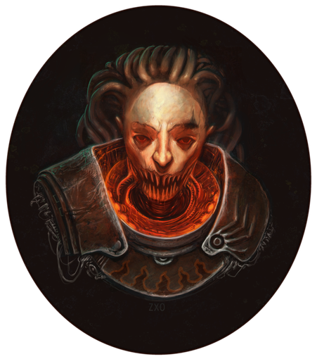 Bust of a fantasy or scifi individual in WH40k-inspired armour. The armour has a glowing orangey red inside and the face or the person is pale, with red eyes, and weird teeth.
