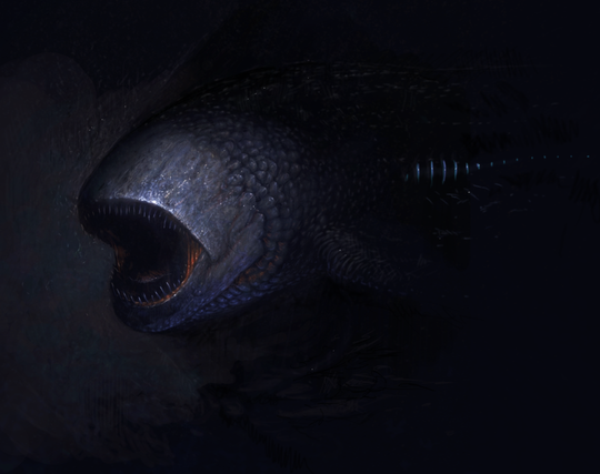 A seemingly very large (though nothing is there to compare to so maybe it isn't) fish-like monster creature with it's mouth open with sharp, uneven teeth. It has no visible eyes. It has some glowing things on it's side for some reason and there's a lot of just dark nothing around it.