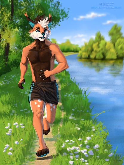 An anthro lynx with tan-orange fur with dark brown, cream, and teal markings runs down a dirt path that lines a calm river on a sunny day. He is wearing running shorts, and the path is surrounded by lush grass with white flowers