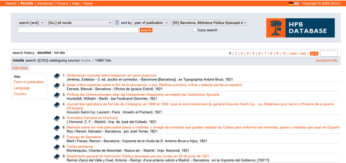 Pàgina del catàleg HPB Database on apareix la primera pàgina dels resultats del fons de la Biblioteca Pública Episcopal del Seminari Conciliar de Barcelona.