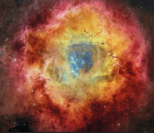 A visible wavelength image of the Rosette Nebula. The center of the nebula contains a cavity filled with blue stars of different sizes and diffuse blue gas. This cavity is surrounded by a layer of yellow gas, which itself gives way to another concentric circle layer of red gas. The gas mixes in between, creating an orange gas. Column-like pillars of denser gas and dust point towards the central star cluster, forming ridges dotted with smaller dark globules at the edges of the layers. A particularly prominent darker ridge in the yellow layer curves from about 12 o’clock to 3 o’clock. At about the 1 o’clock position, a long pillar with a two-pronged end, which looks a little like a wrench, extends from the ridge towards the center. Toward the corners of the image, the gas becomes more diffuse, giving way to the black background of space. White stars of different sizes and are spread throughout the gas in the nebula.