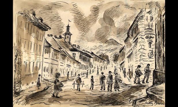 A drawing (looks like pen and ink), of a street in a town, people walking, no vehicles. Nothing immediately suggests it is set in a town that functioned as a concentration camp.