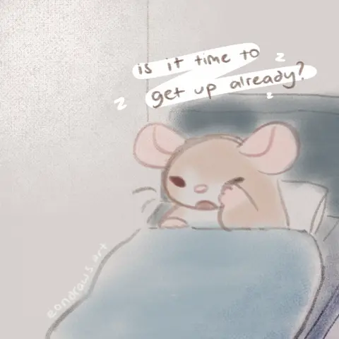 my ratsona sits up in bed, rubbing their eyes sleepily. they mumble, "is it time to get up already?"