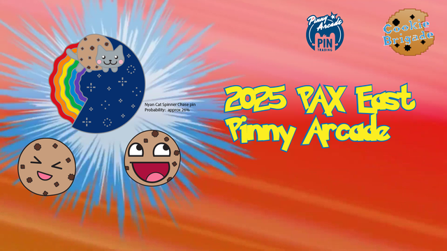A pin reveal showing Cookie Brigade's three pins for PAX East.