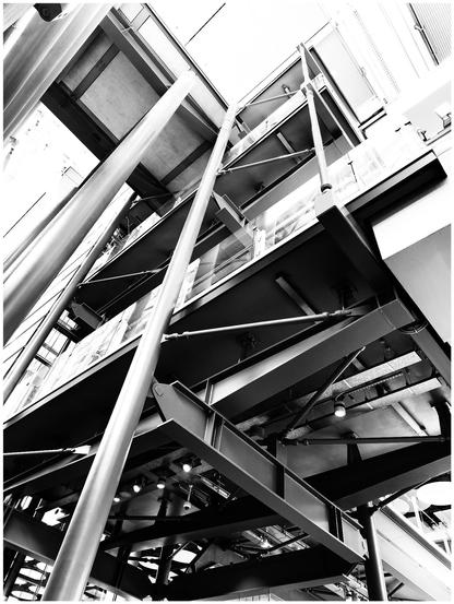 Stark monochrome image of an industrial steel and glass structure.