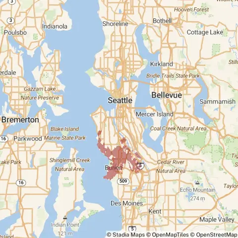 A map showing the location of the outage, centered around South 128th Street in Burien.