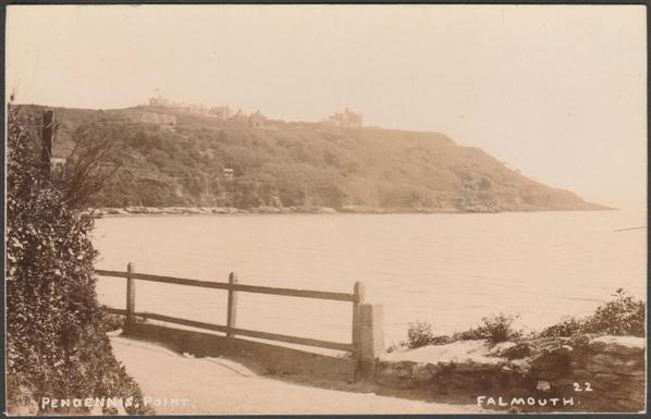 Sepia real photographic postcard showing a view of Pendennis Point at Falmouth in Cornwall.

Publisher not stated, No 22, c.1910.

Postally unused.

Very good condition, with minimal corner bumps and very light album marks.