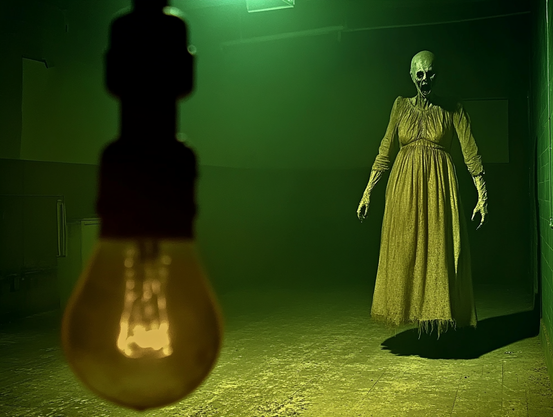 Le Couloir Vert.
Image tirée d’un film d’horreur perdu des années 70, une créature macabre en robe longue s’avance dans un couloir glauque, éclairé par une unique ampoule suspendue.
Still from a lost 1970s horror film, a macabre creature in a long dress advancing through a grim corridor lit by a single hanging bulb.