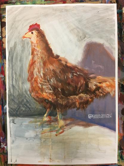 Painting of an orange chicken standing neutrally on a light surface, throwing a lilac shadow on a light/grey wall behind.