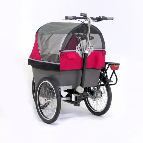 A three wheeled stroller with a bicycle handlebar at the back and a bicycle chain, geared hub, taillight and a saddle on its right side. It has a canopy in grey and pink with windows all around. Left rear quarter view.