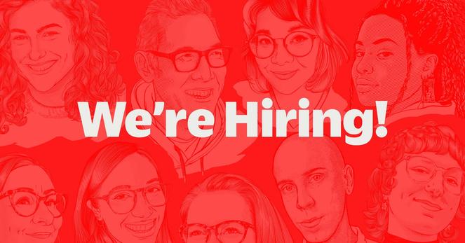 A graphic with a red background filled with drawn portraits of various faces. Overlaid in the center in white are the words “We’re Hiring!”