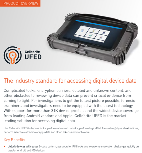 Advertisement for Cellebrite UFED, "The industry standard for accessing digital device data"
