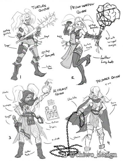 Sketches of dark fantasy versions of Harley Quinn