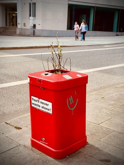 Roter, öffentlicher Mülleimer in Hamburg, aus dem ein Gebüsch hervorschaut.