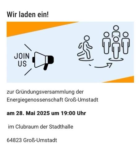 Wir laden ein! 

zur Gründungsversammlung der Energiegenossenschaft Groß-Umstadt

am 28. Mai 2025 um 19:00 Uhr

 im Clubraum der Stadthalle

64823 Groß-Umstadt