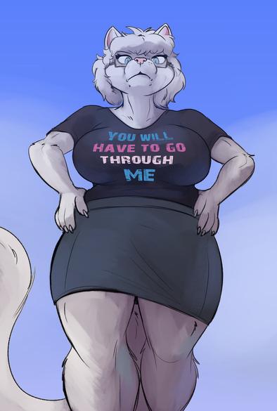 Arilin wearing a tight miniskirt and a black T-shirt reading "YOU WILL HAVE TO GO THROUGH ME" in the trans pride flag colors, looming over the viewer with hands on her hips and a defiant expression