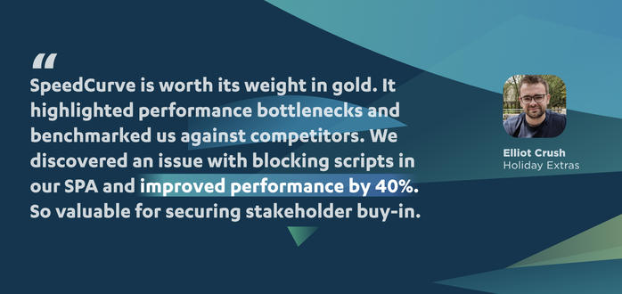 Testimonial quote from Elliot Crush at Holiday Extras:

"SpeedCurve is worth its weight in gold. It highlighted performance bottlenecks and benchmarked us against competitors. We discovered an issue with blocking scripts in our SPA and improved performance by 40%. So valuable for securing stakeholder buy-in."